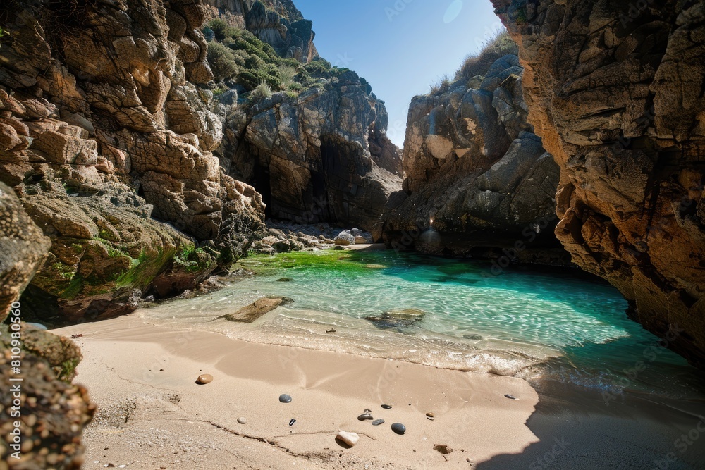 Sandy Beach With Blue Water Surrounded by Rocks