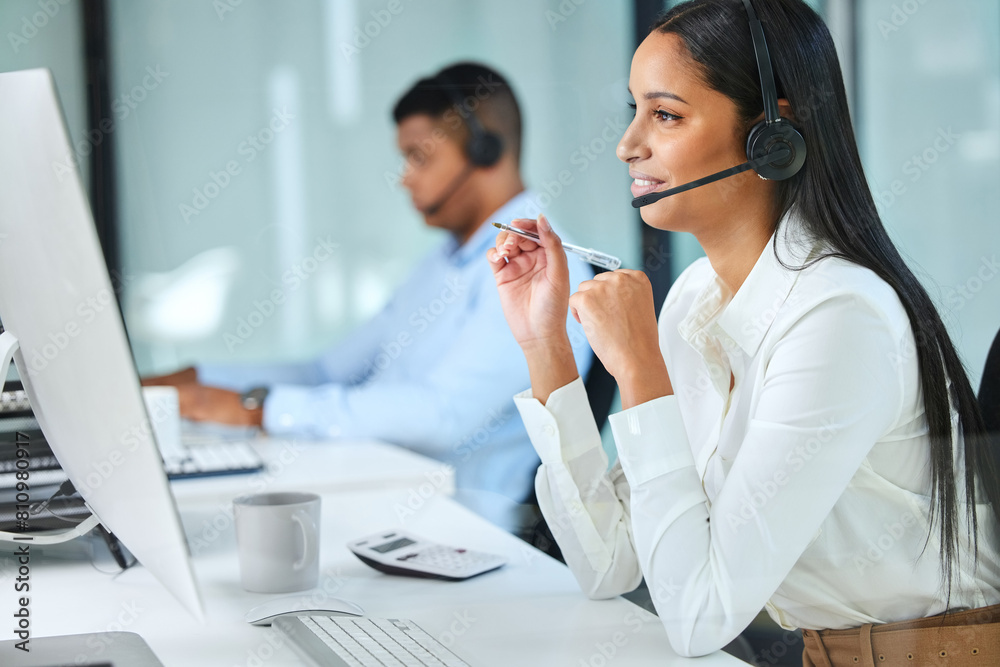 Computer, callcenter and woman with discussion, headset and sales consultant in customer service conversation. Lead generation, telemarketing and virtual assistant with phone call at help desk office Computer, callcenter and woman with discussion, headset and sales consultant in customer service conversation. Lead generation, telemarketing and virtual assistant with phone call at help desk office