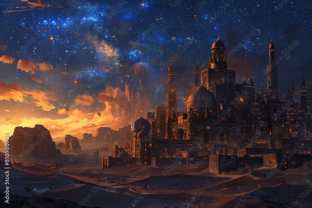 Naklejka premium An ancient desert city with futuristic technology under a starry night sky