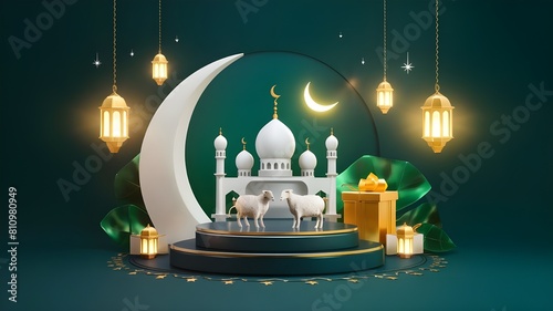 Eid al-Adha Blessings Mosque, Sheep Sacrifice, Crescent, and Gift Podium Greeting Card