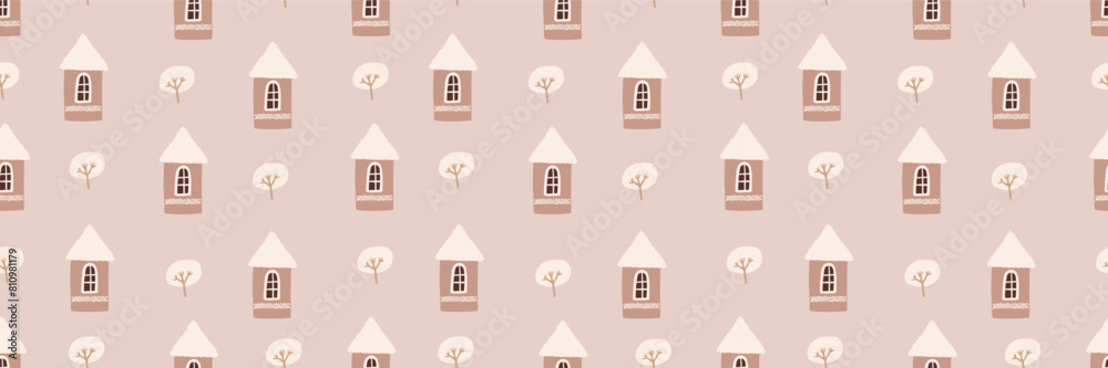 Cute festive Christmas seamless pattern with trees, pink houses, snow. Hand drawn kids nordic design. Winter vector illustration background. Seasonal winter holidays boho graphic design Cute festive Christmas seamless pattern with trees, pink houses, snow. Hand drawn kids nordic design. Winter vector illustration background. Seasonal winter holidays boho graphic design