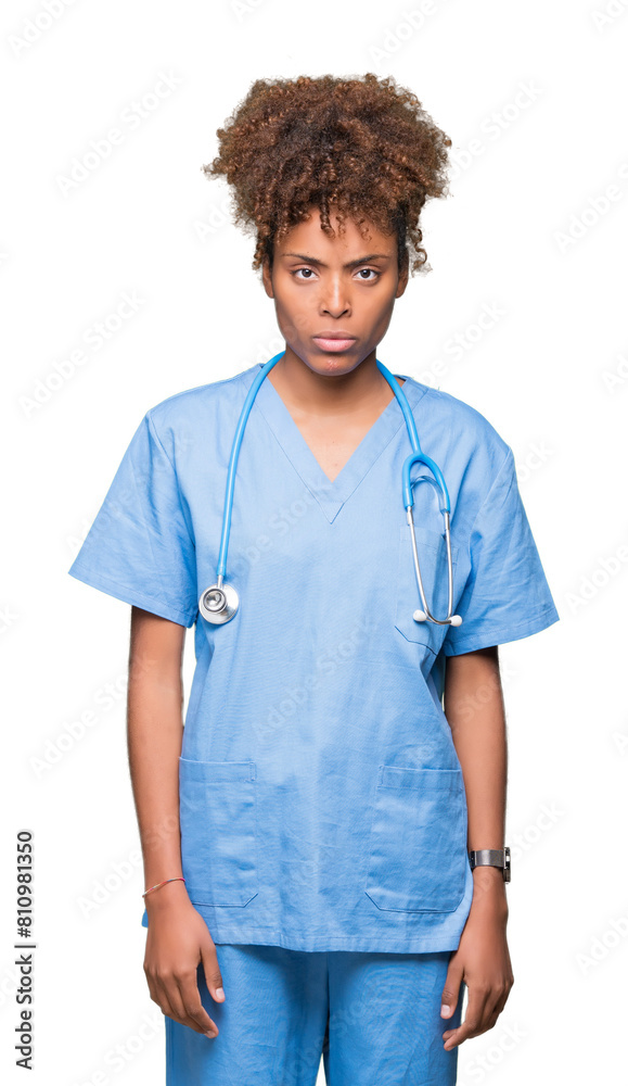 Young african american doctor woman over isolated background skeptic and nervous, frowning upset because of problem. Negative person. Young african american doctor woman over isolated background skeptic and nervous, frowning upset because of problem. Negative person.