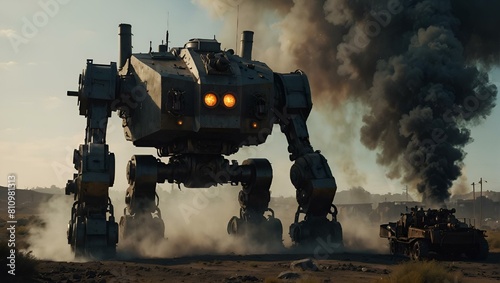AI generated illustration of a large, menacing robot with glowing eyes in a dusty battlefield