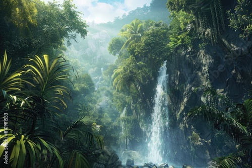 Majestic Waterfall in Lush Jungle