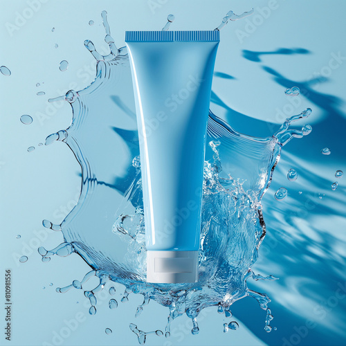 qua Freshness: Dynamic Light Blue Face Cream Tube with Artistic Water Splash on Vibrant Background. photo