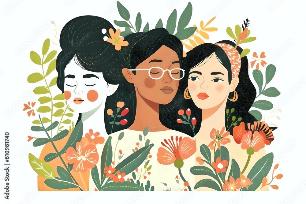 three diverse women, each with unique floral elements, celebrating multicultural beauty.