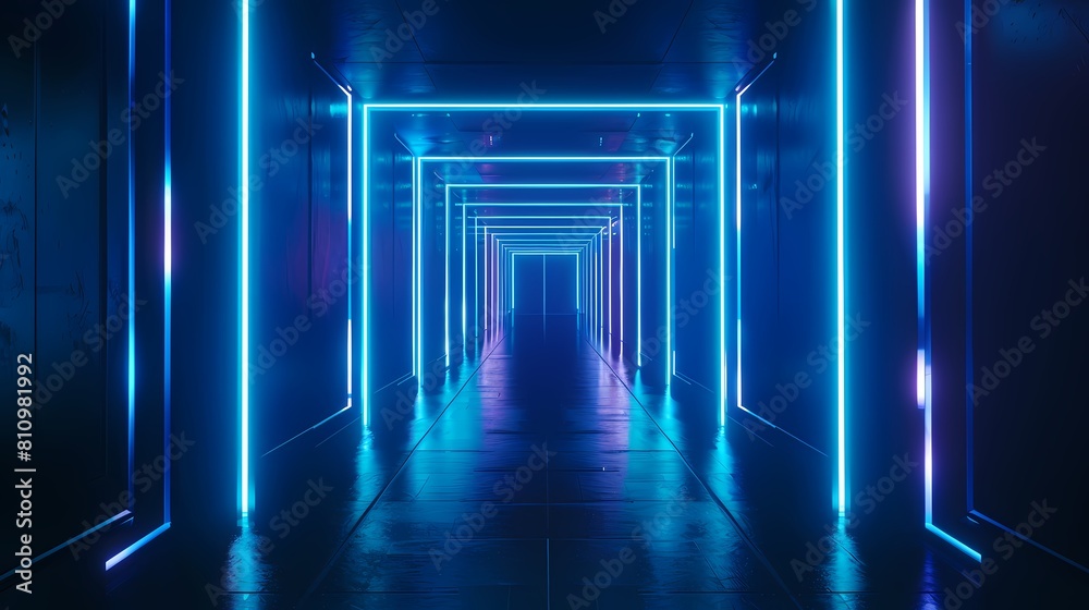 Blue and black neon cube technology poster web page PPT background