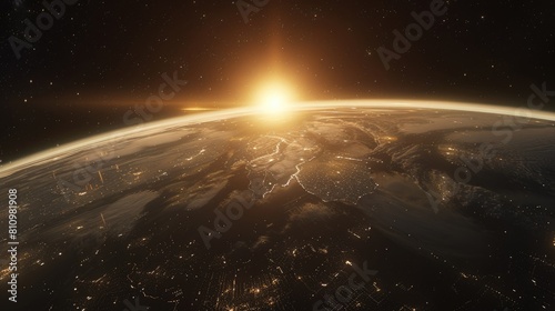 The sun peeks over the eastern horizon casting a mesmerizing glow on planet Earth as the twinkling lights of the cities below continue to shimmer in the morning light