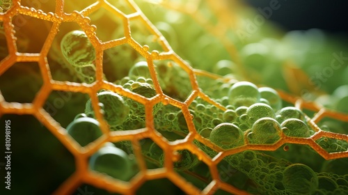 3D rendered image of spongy mesophyll layer in a plant leaf, detailed and vibrant, emphasizing the cells role in photosynthesis and respiration