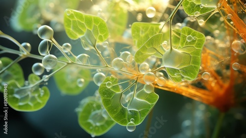 3D rendered image of spongy mesophyll layer in a plant leaf, detailed and vibrant, emphasizing the cells role in photosynthesis and respiration