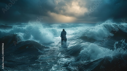 During a storm, Jesus crosses the sea on water.