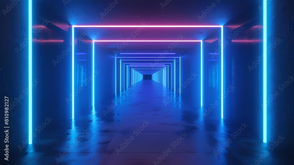 Fototapeta premium Blue and black neon cube technology poster web page PPT background