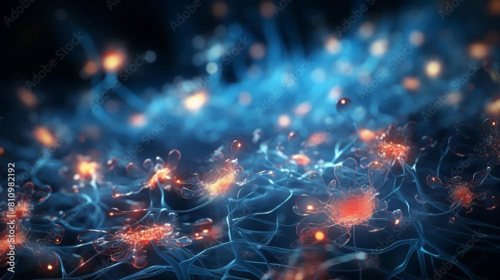3D rendered visualization of glial cells in brain tissue, focusing on their role in neurotransmitter regulation and nerve health