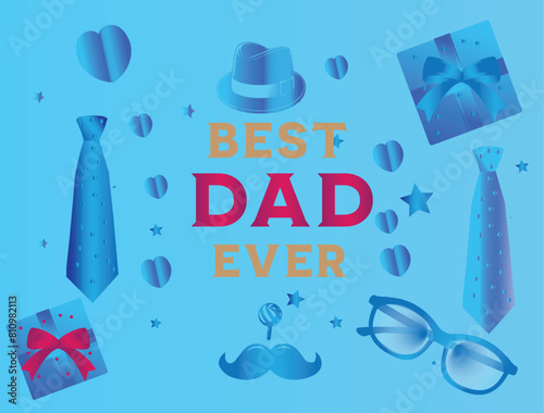Father's Day 2024 poster or banner template with necktie and gift box on blue background. Greetings and presents for Father's Day in flat lay styling. Promotion and shopping template for love dad,