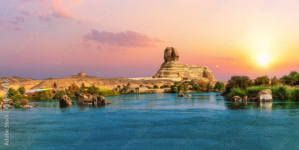 The Nile river at sunset in the Aswan desert by the Sphinx, Egypt