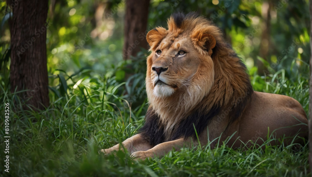 King of the Jungle, Lion in Natural Habitat, Resting Amidst Green Trees King of the Jungle, Lion in Natural Habitat, Resting Amidst Green Trees