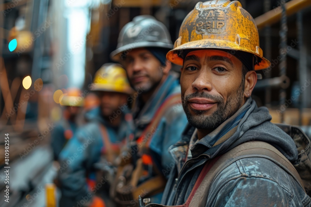 A multi-ethnic group of construction workers in safety gear posing at a construction site with a confident demeanor A multi-ethnic group of construction workers in safety gear posing at a construction site with a confident demeanor