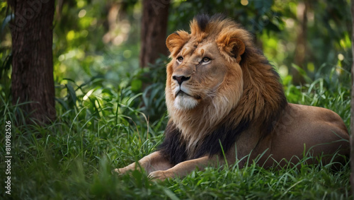 King of the Jungle  Lion in Natural Habitat  Resting Amidst Green Trees
