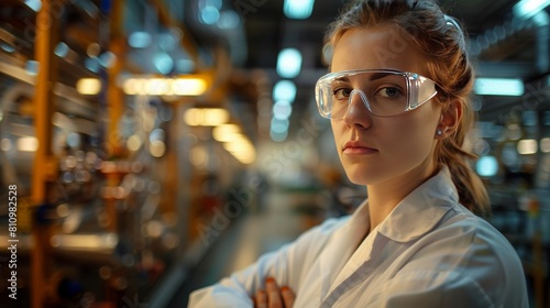 Confident female engineer wearing safety glasses and lab coat standing in modern factory.