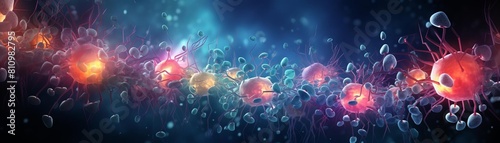 Artistic representation of lymphocytes engaging with cancer cells, using vibrant contrasts to depict the immune fight against tumors photo