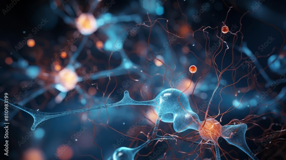 Closeup image of glial cells interacting with neurons, showing support and insulation functions, with educational annotations Closeup image of glial cells interacting with neurons, showing support and insulation functions, with educational annotations