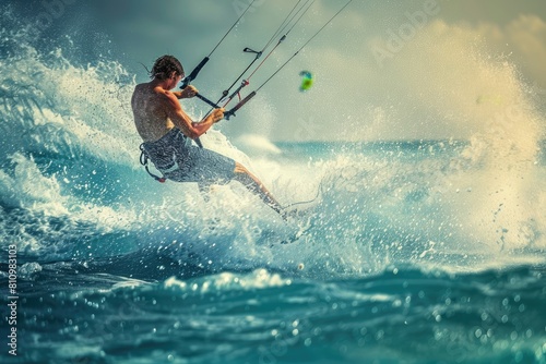 Dynamic shot of a kite surfer in action,  kitesurfing athlete performing a trick in the air photo