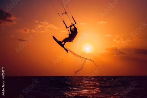 Dynamic shot of a kite surfer in action, kitesurfing athlete performing a trick in the air