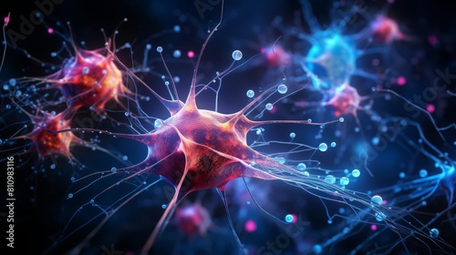 Closeup image of glial cells interacting with neurons, showing support and insulation functions, with educational annotations photo