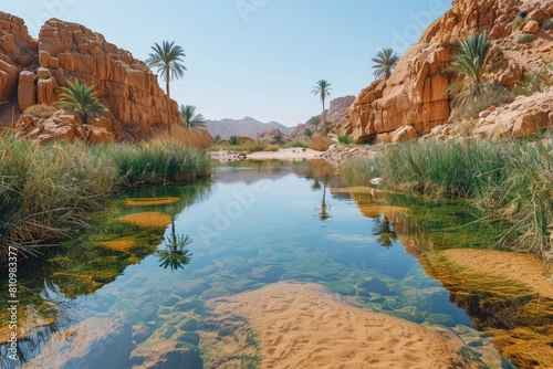 Serene oasis in a desert setting  showcasing clear waters  palm trees  rocky formations  and a lush green landscape.