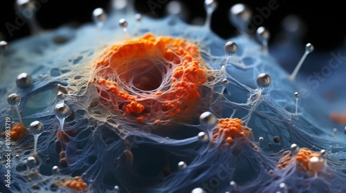 Closeup view of an oocyte under a microscope, focusing on the zona pellucida and corona radiata, with educational annotations