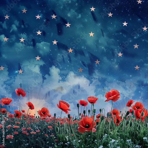 Surreal Memorial Day landscape where stars and stripes blend with poppies  illustrate nature and nation.