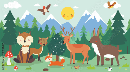 Set of woodland animals flat background Vector style