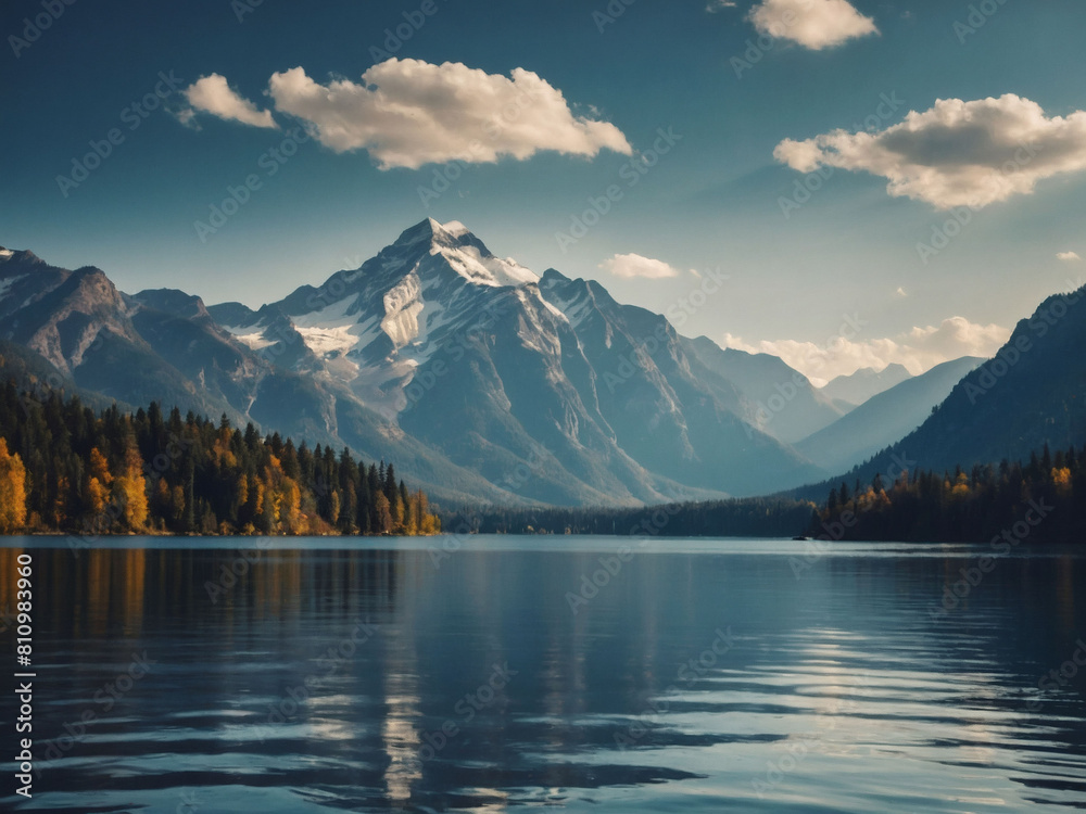 Lakeside Majesty, Spectacular View of Mountains Surrounding a Lake