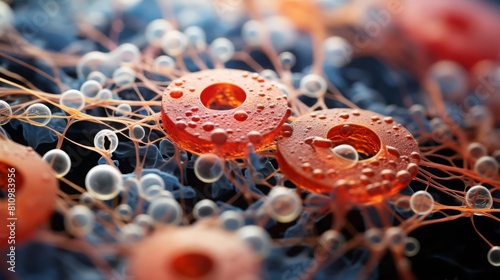 Closeup view of collenchyma cells under a microscope, showcasing their role in providing flexibility and mechanical strength to growing tissues, with educational annotations photo