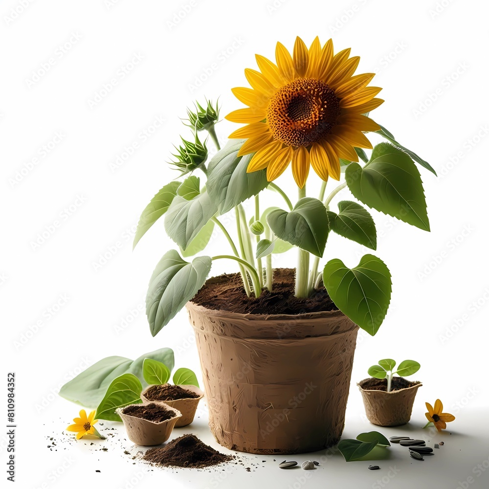 Obraz premium sunflower seedling in peat pot on white background, generative ai