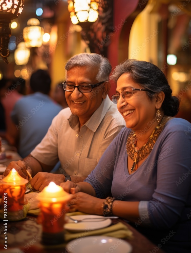 A happy older couple enjoying a candlelit dinner at a restaurant Fictional Character Created By Generative AI. 