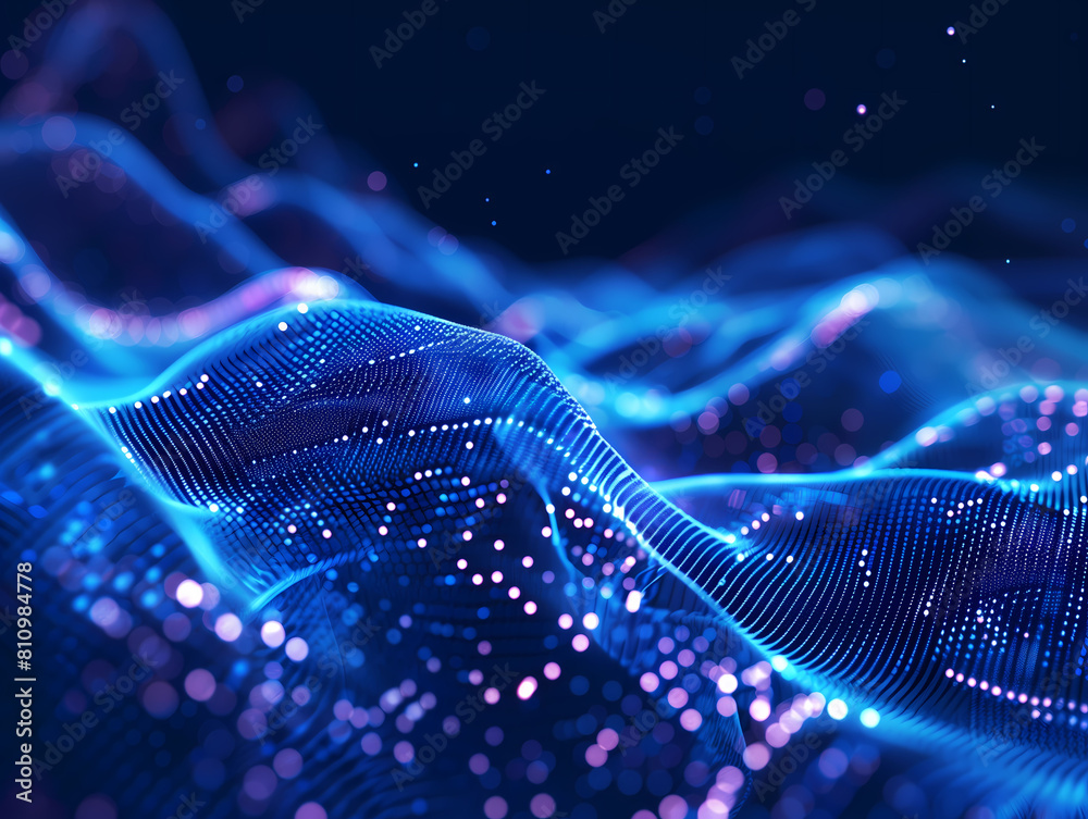 Abstract waves of glowing digital lines, dynamic network system.