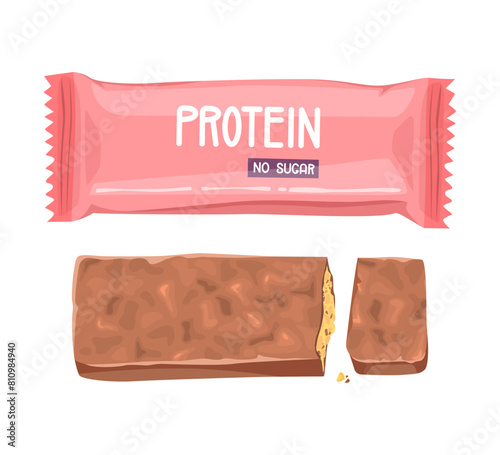 Protein bar in pink packaging and unwrapped.