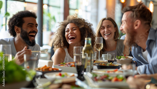 showing a diverse group of workmates laughing and sharing stories over lunch in the bright, modern office cafeteria, Business, workmates, office, cafeteria, with copy space