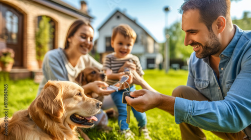 a male realtor hands over the keys of a new house to a young couple with a child and a dog. photo