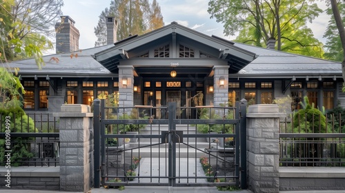 Architectural detailing of the rod gate and grills complements the classic style of this slate grey craftsman house. © Muhammad