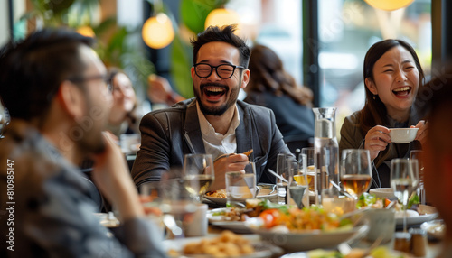 showing a candid moment of a team member telling a humorous story  with others listening intently and laughing  creating a light-hearted lunch scene  Business  workmates  office  c