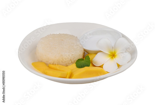 Thai style tropical dessert, sticky rice eat with mangoes on transparent png