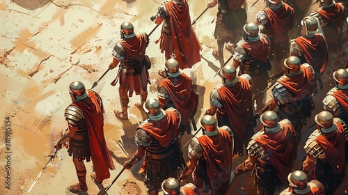 Illustrate a dynamic scene of Roman warriors from a top-down perspective using a mix of traditional and digital techniques Emphasize the strategic formation and diversity of weapon photo