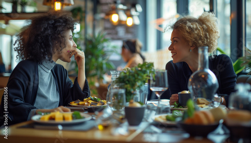 capturing a thoughtful conversation between two workmates  discussing project ideas while eating  blending work with leisure  Business  workmates  office  cafeteria  with copy spac