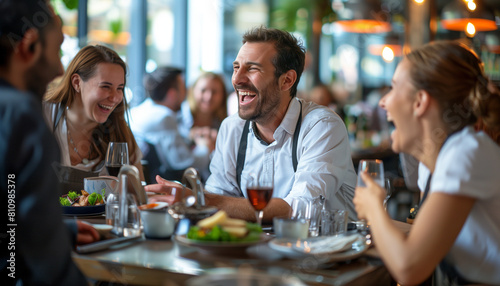 showing a candid moment of a team member telling a humorous story  with others listening intently and laughing  creating a light-hearted lunch scene  Business  workmates  office  c