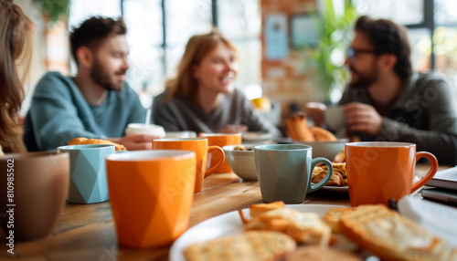 of workmates enjoying a casual coffee break together  with cups and snacks on the table  highlighting a relaxed moment during a busy day  Business  workmates  office  cafeteria  wi