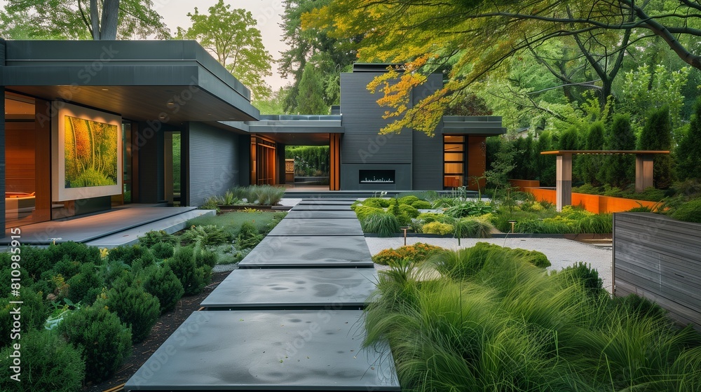 A walkway traversing a simple garden towards a contemporary art feature at a craftsman house's rear. A walkway traversing a simple garden towards a contemporary art feature at a craftsman house's rear.