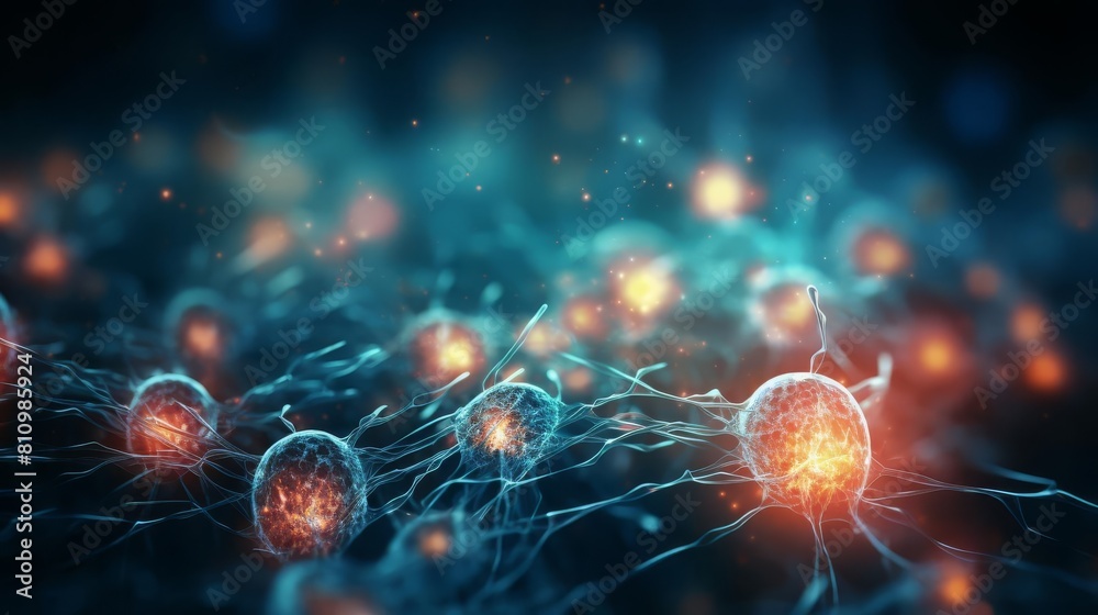 Fototapeta premium Conceptual image of glowing human cells viewed through a microscope, symbolizing advanced genetic research, with soft focus background