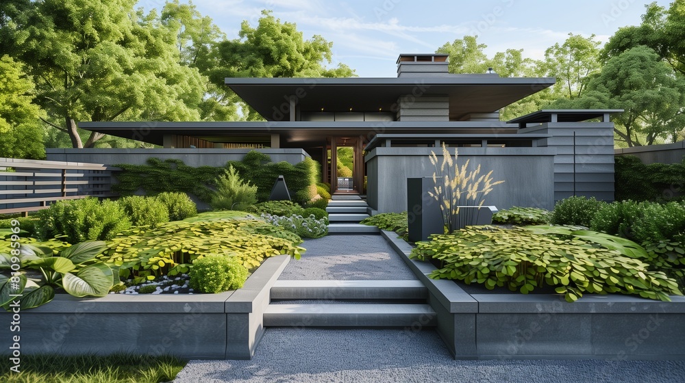 Path leading through a minimalist garden, directing to a modern sculpture behind a craftsman house. Path leading through a minimalist garden, directing to a modern sculpture behind a craftsman house.